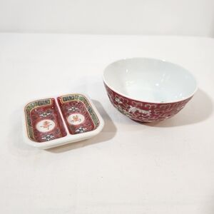 Asian Ceramic Rice Bowl Divided Condiment Dish Set